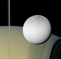 Saturns rings and moon Dione with the atmosphere -- taken by the Cassini spacecraft