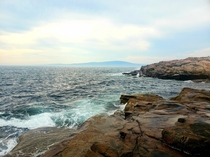 Schoodic Point Maine Overlooking Cadillac Mountain on a Foggy Day 