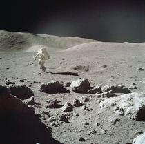 Scientist-astronaut Harrison H Schmitt heads for a selected rock on the lunar surface to retrieve the sample for study  Credit Eugene A CernanNASA 