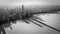 Shadows of Chicago over frozen Lake Michigan USA 
