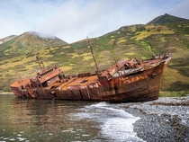 Shipwreck on Morzhovaya Bay in Kamchatka Russia