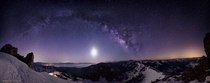 -shot pano of the Moon and the Milky Way over Lake Tahoe Light pollution from Placerville I _think_ way off to the right 