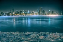 Skyline of Chicago on a cold winter night 