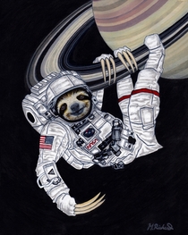 Sloth Astronaut and Saturn a pen and ink drawing I made
