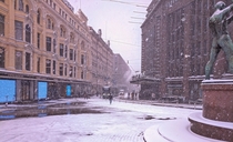 Snowfall in the city centre of Helsinki Finland 