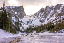 Snowshoed through Rocky Mountain National Park and found Dream Lake frozen over 