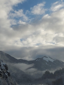 Snowy mountains and trees at Snoqualmie Pass OC x