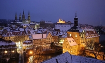 Snowy rooftops in Bamberg Germany 