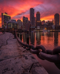 Spectacular sunset at Boston harbor 