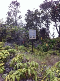 Speed limit sign on an abandoned road next to Kilauea Caldera an active volcano in Hawaii 