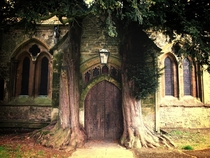 St Edwards Cathedrals North Door flanked by two old yew trees Situated in Gloucestershire England Photo by E Browning 