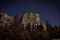 Stars and Climbers lights illuminate the face of El Capitan in Yosemite National Park 