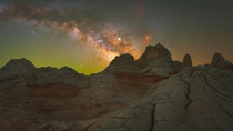 Strange rock swirls and the Milky Way in the Arizona desert 