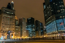 Street level view of Chicago on a cold and windy night 