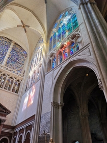 Sunlight through stained glass of Tours cathedral 