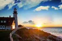 Sunrise at Portland Head Lighthouse at Fort Williams in Portland Maine