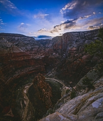 Sunrise from the edge of Angels Landing Made it to the top in the dark with just a headlight had the place to myself for a couple hours March  