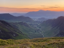 Sunrise in the Lake District looking north towards Skiddaw after a wild camp on Dale Head 