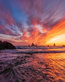 Sunset being reflected in turbulent ocean  DeMartin Beach NorCal USA 