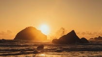 Sunset on Face Rock at Bandon Beach Oregon 