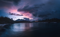 Sunset over the Bow River near Canmore Alberta 