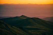 Sunset over the Kaimakchalan peak Voras mountains Greece 