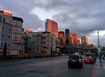 Sunset projected on downtown Seattle taken from the waterfront 