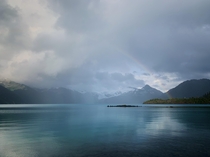 Sunshine rain rainbow Garibaldi Lake BC Canada 