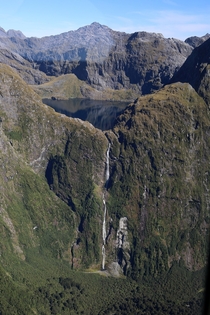 Sutherland Falls in Milford Sound the tallest waterfall in NZ from the plane 