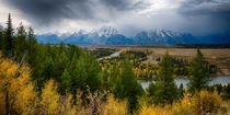 Tetons in the clouds from Snake River overlook 