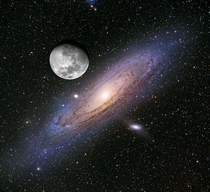 The Andromeda Galaxy appears larger than the moon in the sky but it is fairly faint and hard to see with the naked eye
