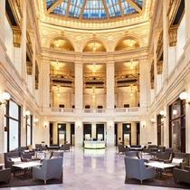 The beautifully restored lobby of the David Whitney Building