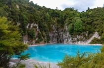 The bluest lake with the most awesome name Ive ever seen not for swimming Inferno Crater Lake at Waimangu Volcanic Valley New Zealand 