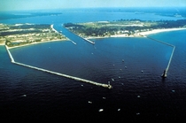 The breakwaters of the entrance to Muskegon Lake from Lake Michigan 