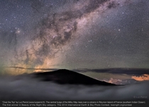 The central bulge of our Milky Way Galaxy rises above a sea of clouds in this ethereal scene An echo of the Milky Ways dark dust lanes the volcanic peak in foreground silhouette is on Frances Runion Island in the southern Indian Ocean Photo by Luc Perrot 