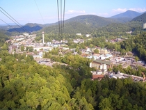 The city of Gatlinburg Tennessee seen from the  gondola on a gorgeous late summer evening