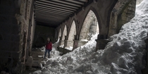 The cloisters at Roncesvalles Church in the Pyrenees mountains after a heavy snowfall  Photo by Alvaro Barrientos xpost from SpainPics