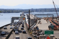 The Evergreen Point SR  Floating Bridge and its future replacement under construction on Lake Washington near Seattle 