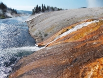 The Firehole River in Yellowstone National Park has many hot springs and geysers flowing into it 
