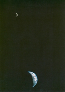 The first image ever taken of the Earth-Moon system as seen by Voyager   days after launch in  true color