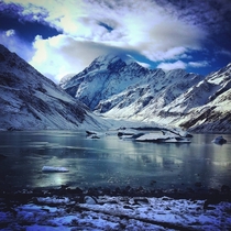 The frozen lake at the end of the Hooker Valley track Mount Cook New Zealand 