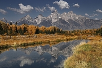 The Grand Tetons reflecting in the Snake River 