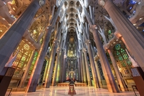 The interior of the Sagrada Familia in Barcelona Spain