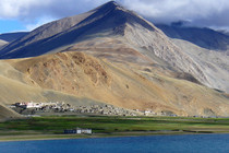The isolated village of Korzok in northern India located above the treeline at  m next to Tso Moriri lake 