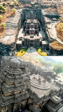 The Kailasha Temple of Ellora caves India is the largest monolithic rock-cut structure in the world Built in th century AD the sculptors started from the top of the hill and chiselled their way down into an enormous temple