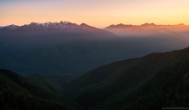 The last rays of light set over the mountains in Olympic National Park WA 