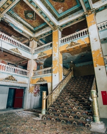 The lavish lobby of a long abandoned hotel