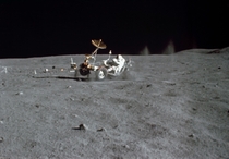 The Lunar Roving Vehicle LRV gets a speed workout by astronaut John W Young in the Grand Prix run during the first Apollo  extravehicular activity EVA at the Descartes landing site May   