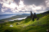 The magnificent Old Man of Storr with typical mid-August weather Isle of Skye Scotland 