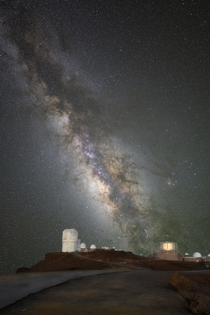 The milky way as seen from the Summit of Haleakala in Hawaii Also visible is the Haleakala Observatory Complex